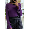 Pull violet côtelé avec volant et accessoire aux manches - 5