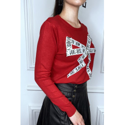 Pull rouge à empiècement et strass - 2