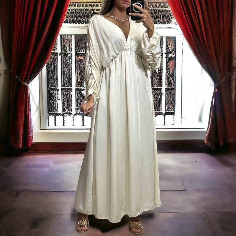 Longue robe satiné croisé beige froncé aux manches - 4