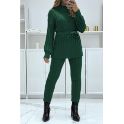 Ensemble pull col haut et pantalon vert en tricot, très chaud pour l'hiver - 4