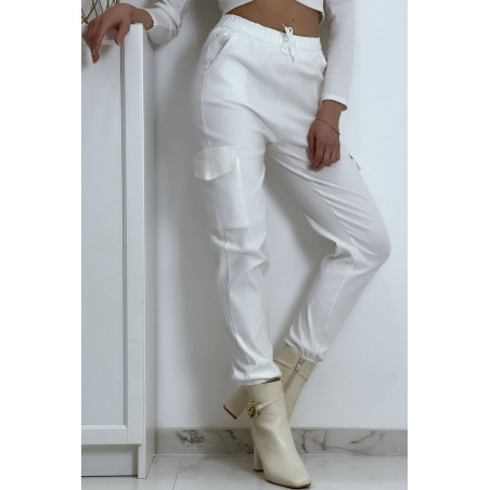 Pantalon treillis blanc en strech avec poches - 7