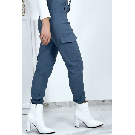 Pantalon treillis bleu en strech avec poches - 1