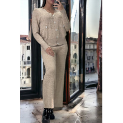 Ensemble taupe gilet et pantalon palazzo en jaquard très extensible - 1