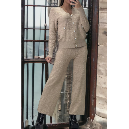 Ensemble taupe gilet et pantalon palazzo en jaquard très extensible - 2