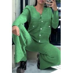 Ensemble vert gilet et pantalon palazzo en jaquard très extensible - 3