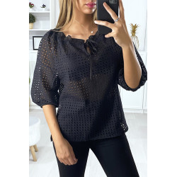 Blouse noir manches bouffante col bateau en matière à trous - 2