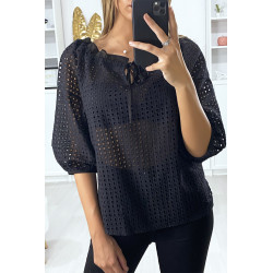 Blouse noir manches bouffante col bateau en matière à trous - 4