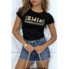 T-shirt noir manches courtes, avec écriture dorée "Eléia" et imprimés - 1