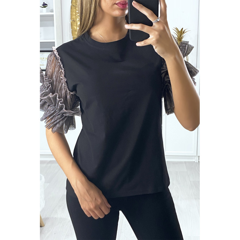 T-shirt noir avec manches en tulle taupe - 1