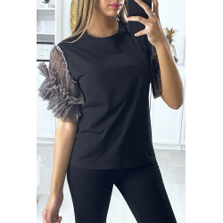 T-shirt noir avec manches en tulle taupe - 3