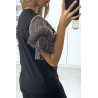 T-shirt noir avec manches en tulle taupe - 5