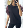 T-shirt noir avec manches en tulle lila - 3