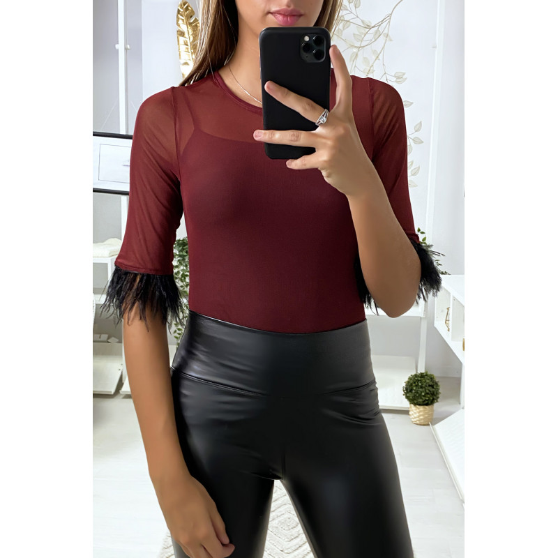 Body en tulle bordeaux avec plumes aux manches - 2