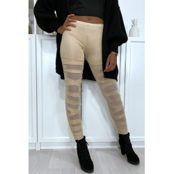 Legging beige avec joli motif coupé et doublé en résille - 1