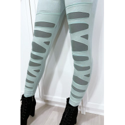 Legging vert d'eau avec joli motif coupé et doublé en résille - 3