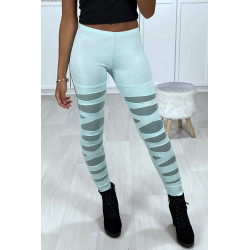 Legging vert d'eau avec joli motif coupé et doublé en résille - 7