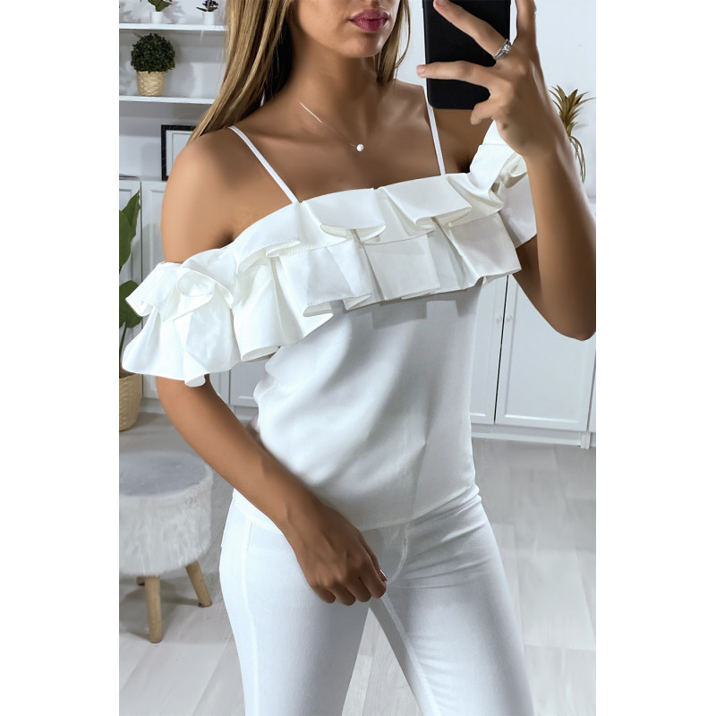 Blouse blanche col bateau avec volant en forme de plis - 3