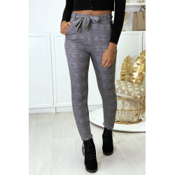 Pantalon slim à carreaux gris molletonné à l'intérieur avec poches et ceinture - 1