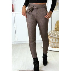 Pantalon slim à carreaux taupe molletonné à l'intérieur avec poches et ceinture - 1