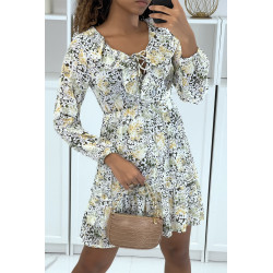 Robe patineuse fluide à fleurs jaune - 1