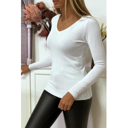 Pull blanc col V en maille tricot très extensible et très doux avec Zip doré au dos - 2