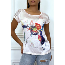 Tee shirt rose fluide, matière satinée sur le devant, avec imprimé fleur en couleur - 5100 - 1