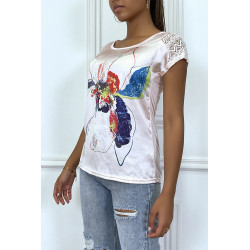 Tee shirt rose fluide, matière satinée sur le devant, avec imprimé fleur en couleur - 5100 - 2