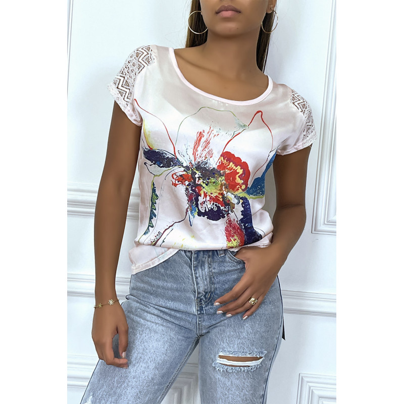 Tee shirt rose fluide, matière satinée sur le devant, avec imprimé fleur en couleur - 5100 - 3