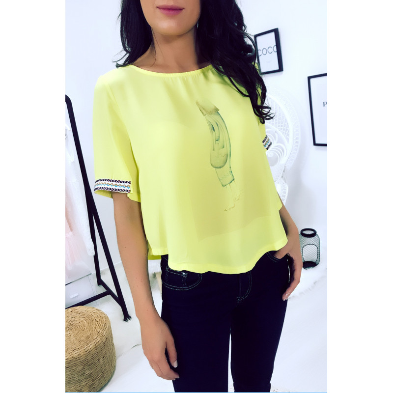 Top jaune à motif imprimé et broderies aux manches F5561 - 1