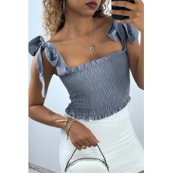 Crop top bustier froncé indigo avec bretelle à nouer  - 2