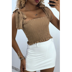 Crop top bustier froncé taupe avec bretelle à nouer  - 2