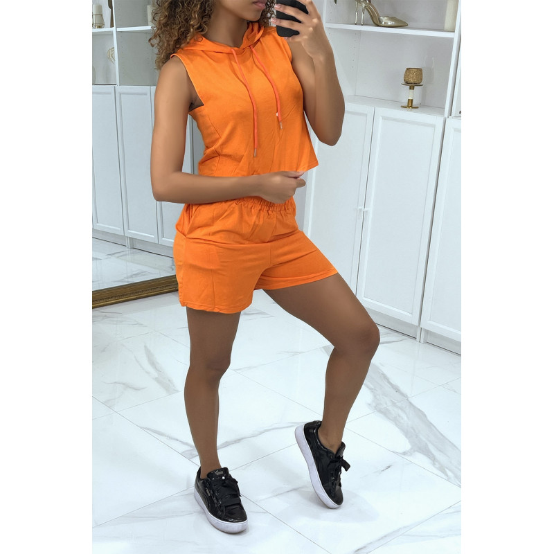 Ensemble top à capuche et short orange - 1