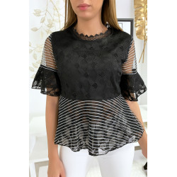 Blouse noire avec joli motifs dentelle et volant - 1