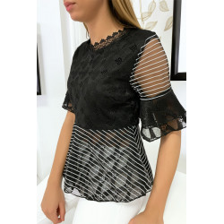 Blouse noire avec joli motifs dentelle et volant - 4