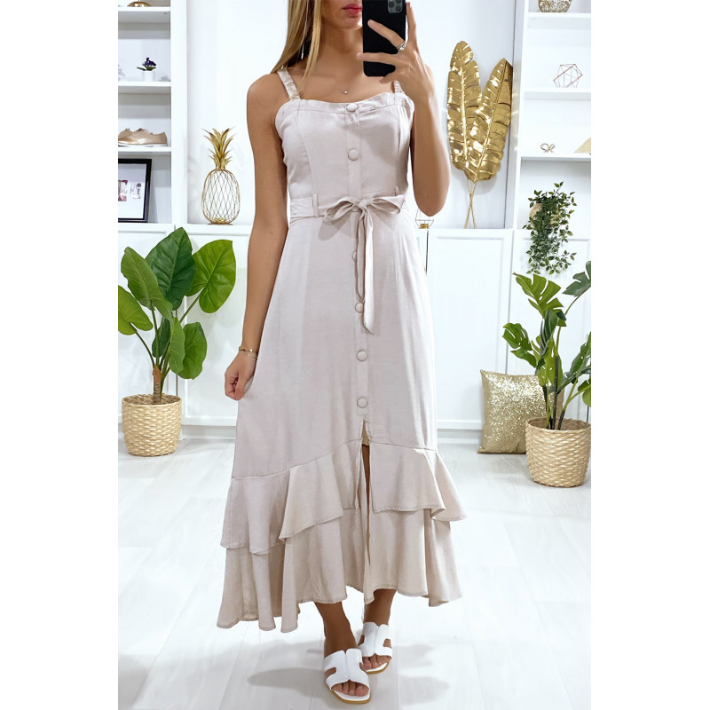 Longue robe beige à bretelle boutonné avec ceinture et volants - 2