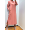 Longue robe sweat abaya rose à capuche - 1