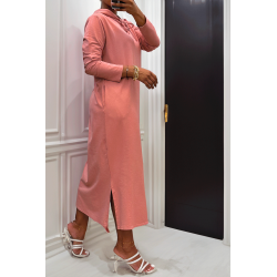 Longue robe sweat abaya rose à capuche - 2