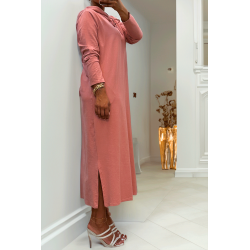 Longue robe sweat abaya rose à capuche - 3