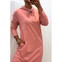 Longue robe sweat abaya rose à capuche - 5