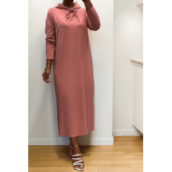 Longue robe sweat abaya rose à capuche - 6