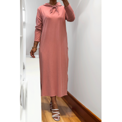 Longue robe sweat abaya rose à capuche - 7