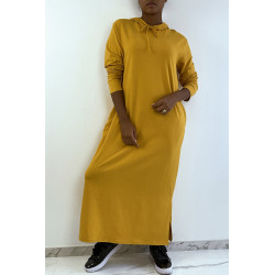 Longue robe sweat abaya moutarde à capuche - 1