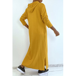 Longue robe sweat abaya moutarde à capuche - 3