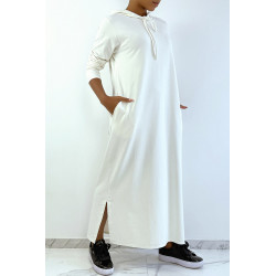 Longue robe sweat abaya blanche à capuche - 3