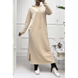 Longue robe sweat abaya beige à capuche - 1