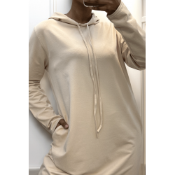 Longue robe sweat abaya beige à capuche - 2