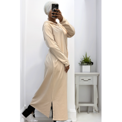 Longue robe sweat abaya beige à capuche - 3