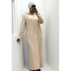 Longue robe sweat abaya beige à capuche - 7