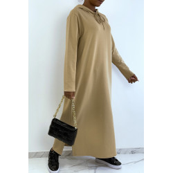 Longue robe sweat abaya camel à capuche - 1