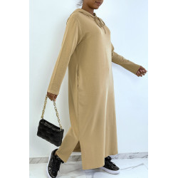 Longue robe sweat abaya camel à capuche - 2